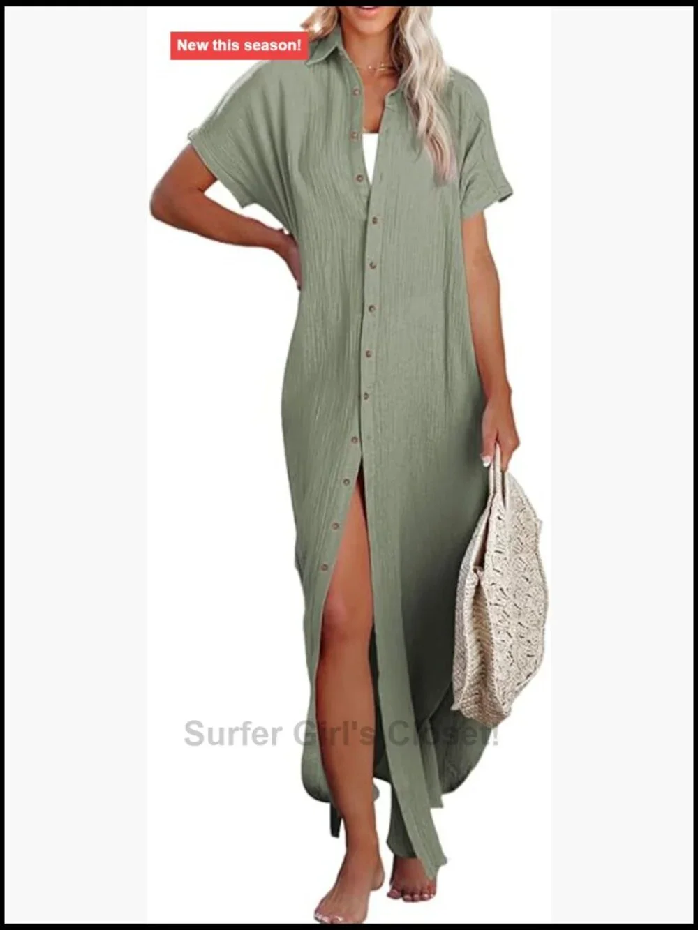 Short Sleeve Button Down Side Split Dress Swimsuit Cover Up Kimono Cardigan
